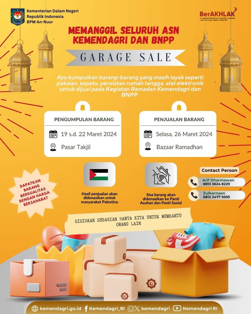 Kepada seluruh ASN Kemendagri dan BNPP, ayo ikuti kegiatan “Garage Sale Ramadhan” !! Selain mendapatkan barang-barang menarik dengan harga terjangkau, sekaligus bersedekah kepada saudara-saudara kita yang membutuhkan Yuk simak postingan berikut ya!! #kemendagri