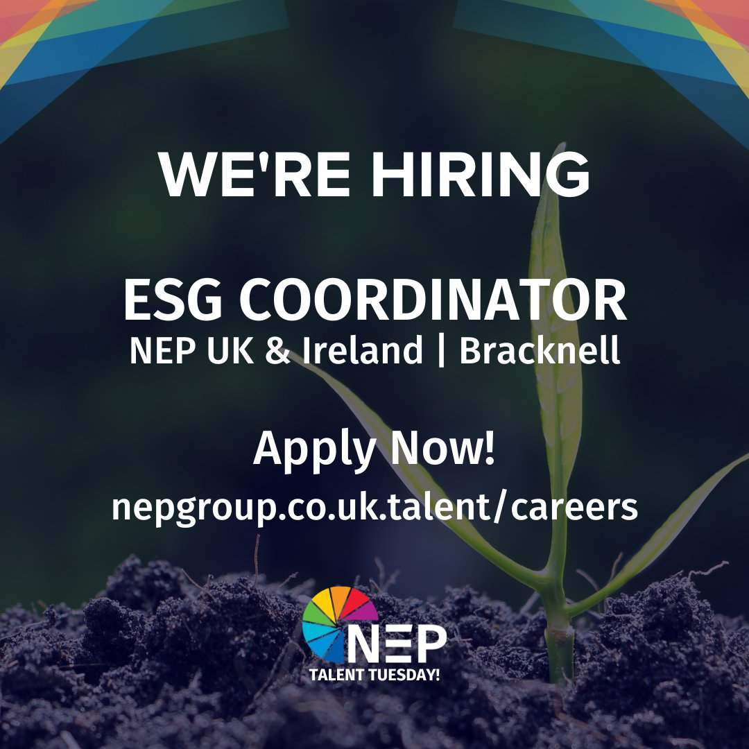Happy #TalentTuesday! Why not join our UK & Ireland team as an ESG Coordinator!? You will maintain and enhance NEP UK&I's ISO standards and ensure NEP's positive impact on local communities and the environment. Apply now at ow.ly/pkL750QWwBL #Hiring #Broadcast
