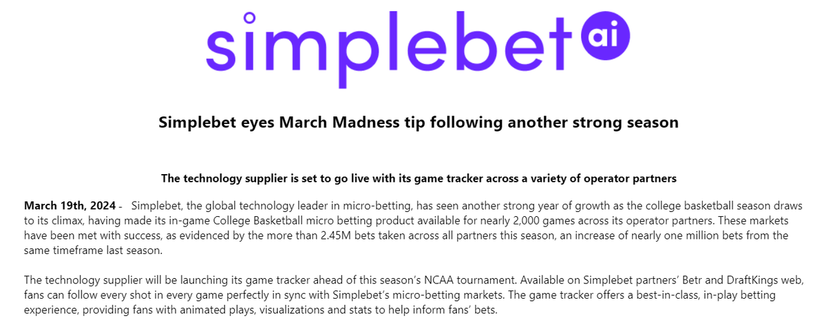 GeoffZochodne's tweet image. Tech supplier @SimpleBet says more than 2.45M bets were placed on its college basketball microbetting markets this past season (such as whether the next possession will result in a 2 or 3-pointer), up almost 1M from the year before. It is launching a game-tracker as well.