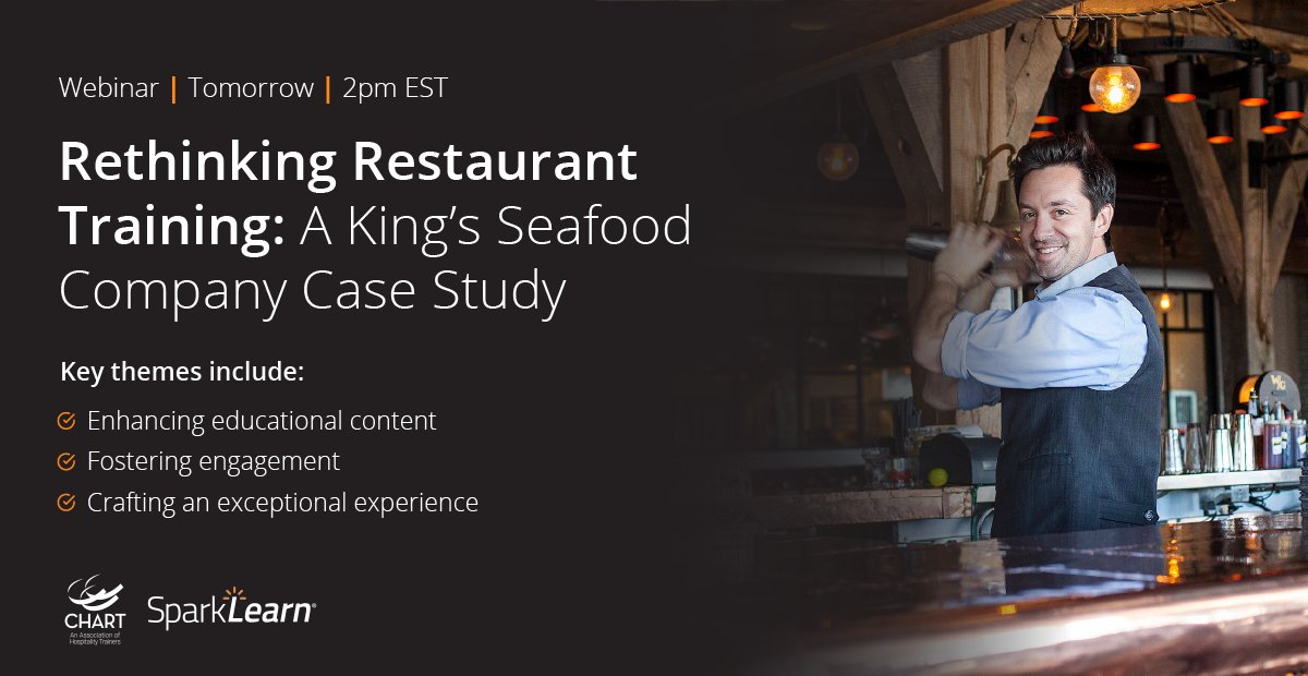 SparkLearnApp's tweet image. Last call! Register for our webinar with @CHARTtrainers  and @KingsSeafood  tomorrow to gain insight into our modernized approach to restaurant training. 🧑‍🍳 We can't wait to see you there! #RestaurantTraining  #ServiceIndustry #desklessworkers chart.org/trainer-develo…