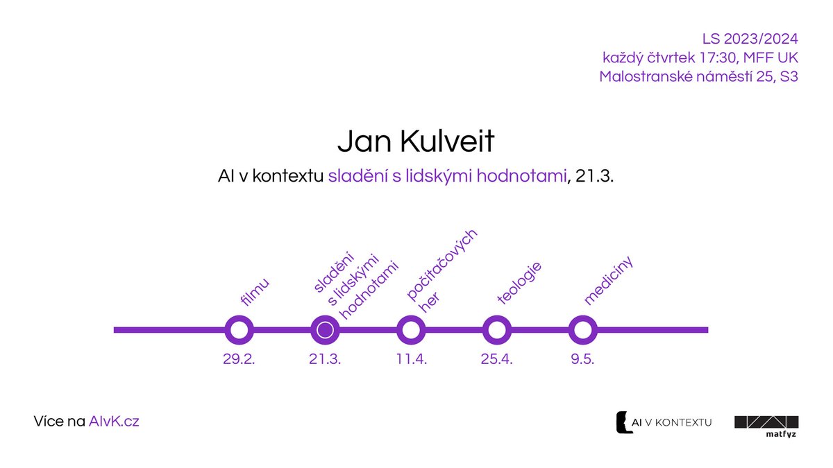 AI v kontextu ve čtvrtek 21. 3.

Jan Kulveit (CTS): Sladění AI s lidskými hodnotami

aivk.cz/#prednasky