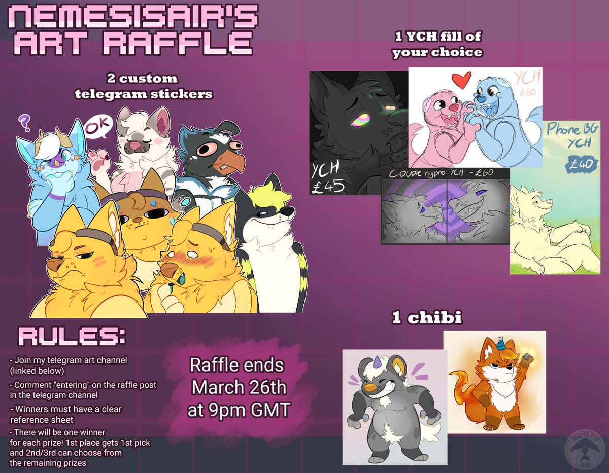 Nemesisair's Telegram Art Raffle! All the rules are in the image below, to enter you need to be in my telegram art channel: t.me/NemesisAirArt