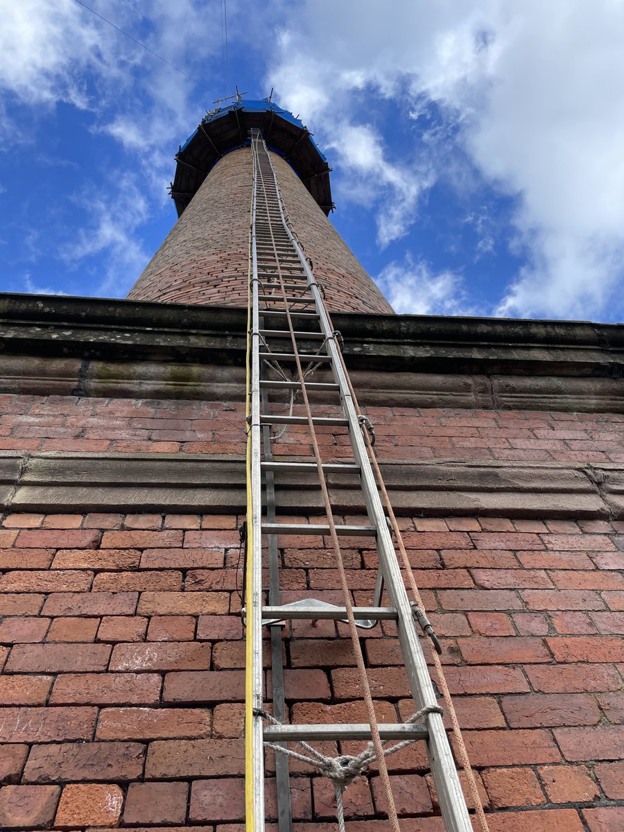 derwenthydro's tweet photo. The home of hydropower @MassonMill - repairs to the chimney. This 46m Grade II* listed brick chimney is in good condition but is subject to the elements year-round. TLC is expected to ensure this structure is safe and preserved for many years. Weir view from the top. https://t.co/UkD7KvbeWZ
