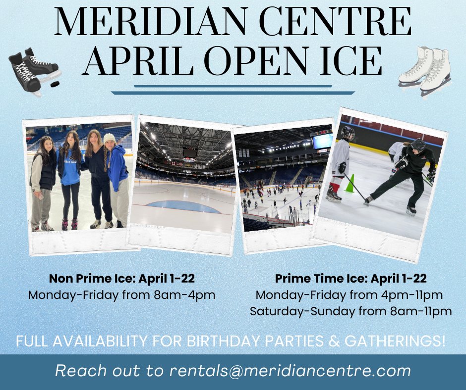 Book now, before the ice is out for the season ⛸️! We have prime and non-prime time slots available. For more information, click the link below or contact us at rentals@meridiancentre.com 👉meridiancentre.com/p/rentals/ice-…