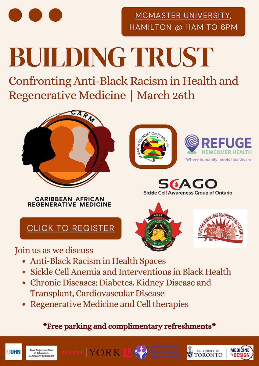 Coming up: March 26 in Hamilton @McMasterU, the @CARMnetwork (carmnetwork.ca) will host a session about confronting anti-Black racism in health & #regenmed spaces. Register: tinyurl.com/4nzm8tvs. Read about #MedicinebyDesign's CARM support: mbd.utoronto.ca/news/convergen…