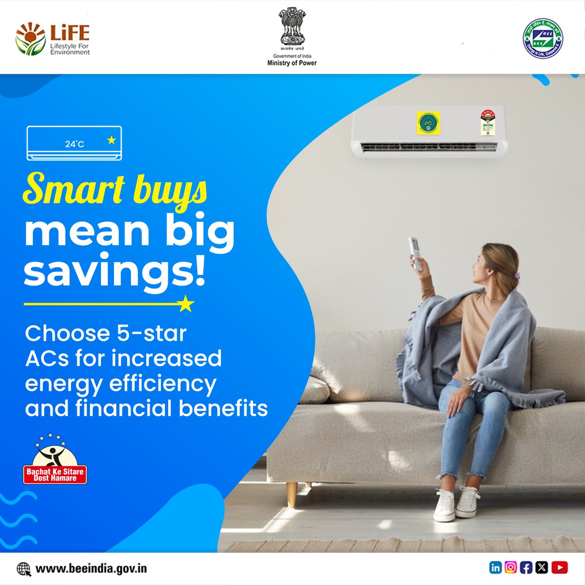 If you also want to save energy and reduce your energy costs this summer, choose air conditioners with a BEE 5-star rating for smarter cooling.

#CoolSmarter #SaveEnergy #BEE #PowerSector