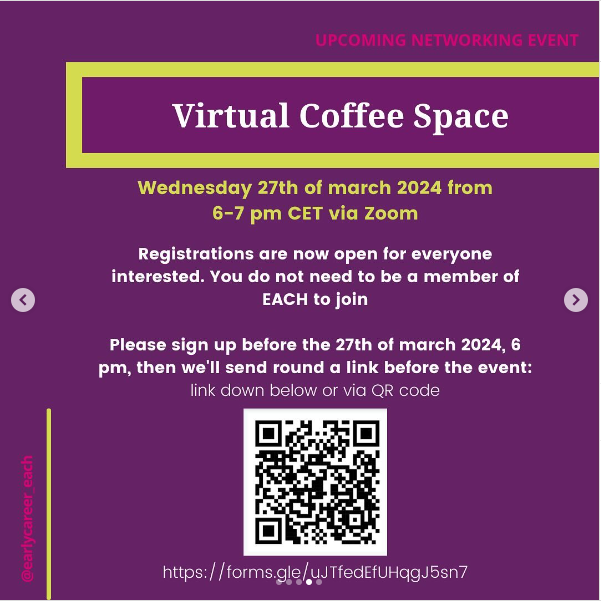 Being early in your career can feel a bit overwhelming at times. Join us next week for another one of our virtual coffees to connect and reflect in time for spring!🐣💐☀️ Sign up here: forms.gle/uJTfedEfUHqgJ5… #healthcommunication #earlycareer #phdlife #postdoc @EACH_com