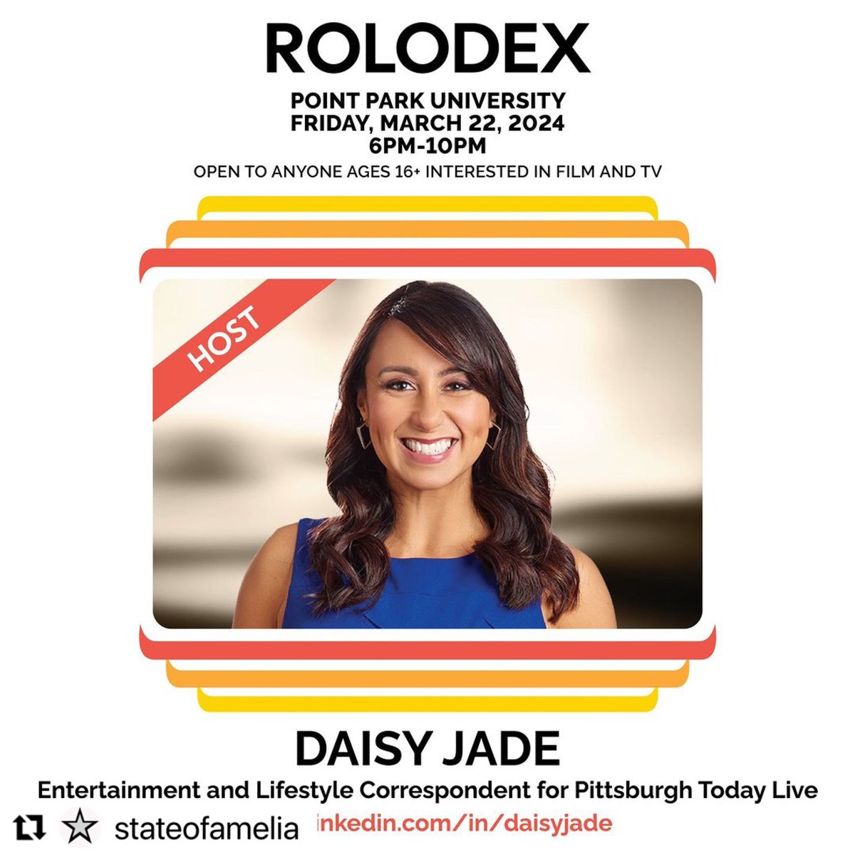 DaisyJadeTV's tweet image. Gearing up for ROLODEX this Friday 3/22! This Networking event is open to anyone 16+ interested in Film and TV careers! Let's gooooo! 👏🏼👏🏼👏🏼

Register for #Rolodex today at the link in bio!
#actor #acting #production #TV #Networking #television #film #makeconnections #womeninfilm