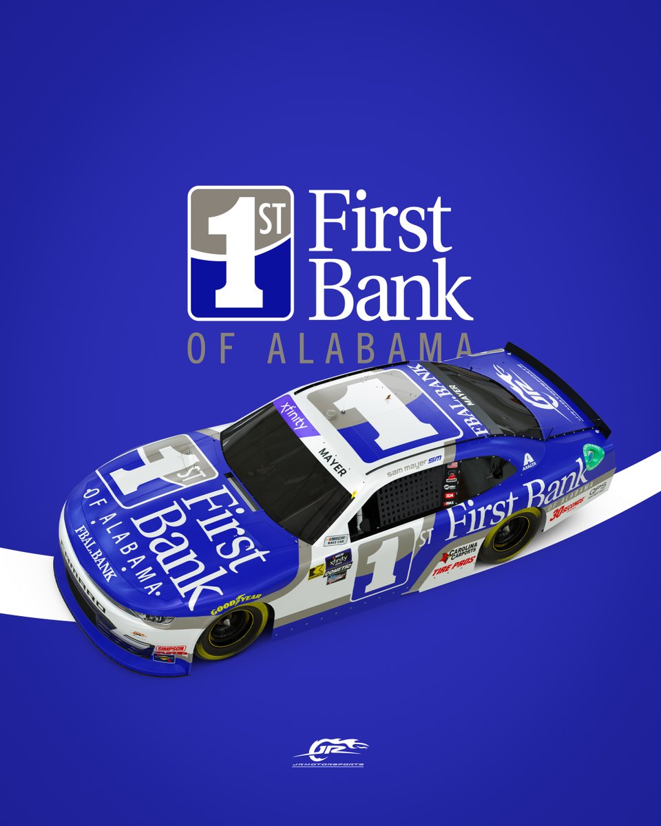 JRMotorsports's tweet image. BANKIN' on a DUB at 'Dega. 

@Sam_Mayer_ will carry @FirstBankofAl for both @TALLADEGA races on April 20th and October 5th.
