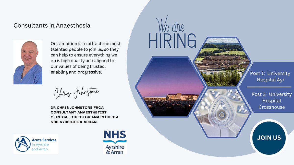 Vacancies are live for 3 substantive Consultant Anaesthetic posts based at UHA & UHC.  These posts are available for 10 programmed activities, with 8 direct clinical care and 2 supporting professional activities. 📢CLOSING DATE 28/4/24‼️ apply.jobs.scot.nhs.uk/Job/JobDetail?….