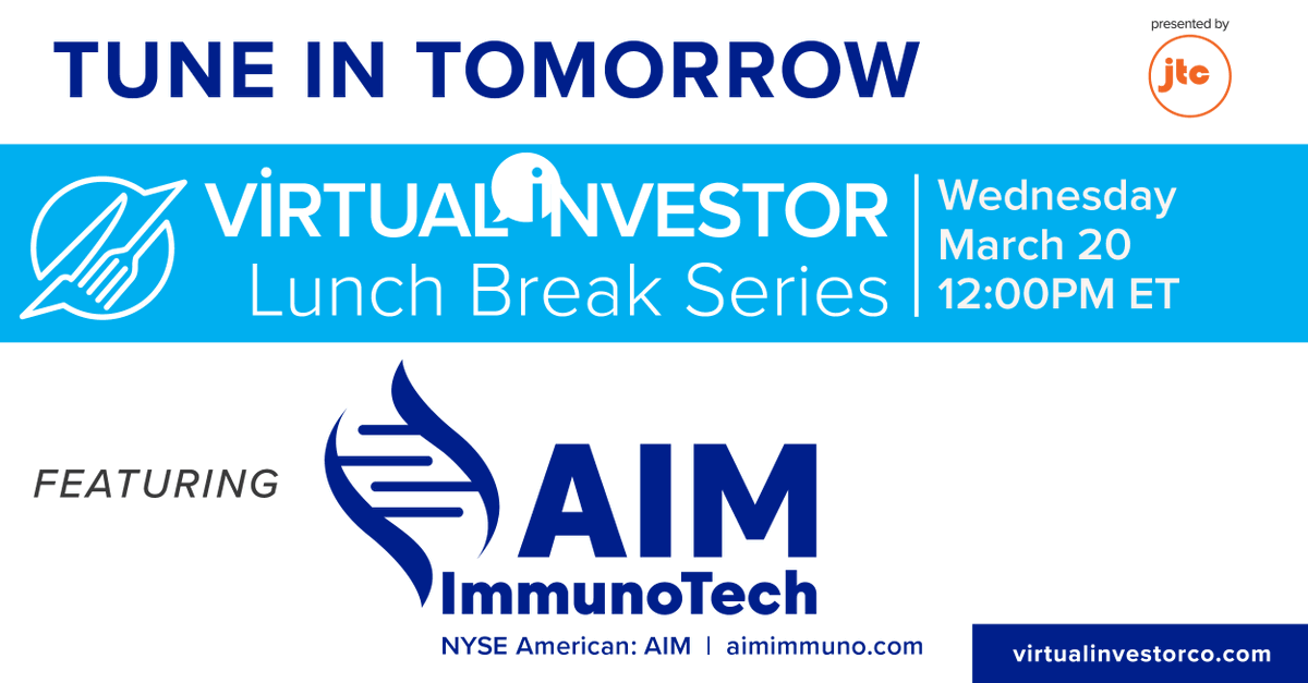 Join us tomorrow for our Virtual Investor Lunch Break: The AIM Opportunity at 12 PM ET. Register for the event here: bit.ly/3vcouPf @aimimmuno #PancreaticCancer #OvarianCancer #BreastCancer #ColorectalCancer #LongCOVID #MECFS