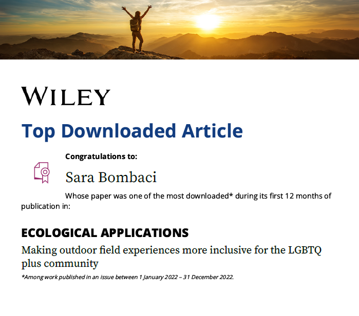 Our article on #LGBTQ+ inclusion in outdoor field experiences received enough downloads to be a #TopDownloadedArticle in #EcologicalApplications. A reminder that, despite political pushback, there is a real need to create inclusive spaces in the #outdoors and #STEM fields.