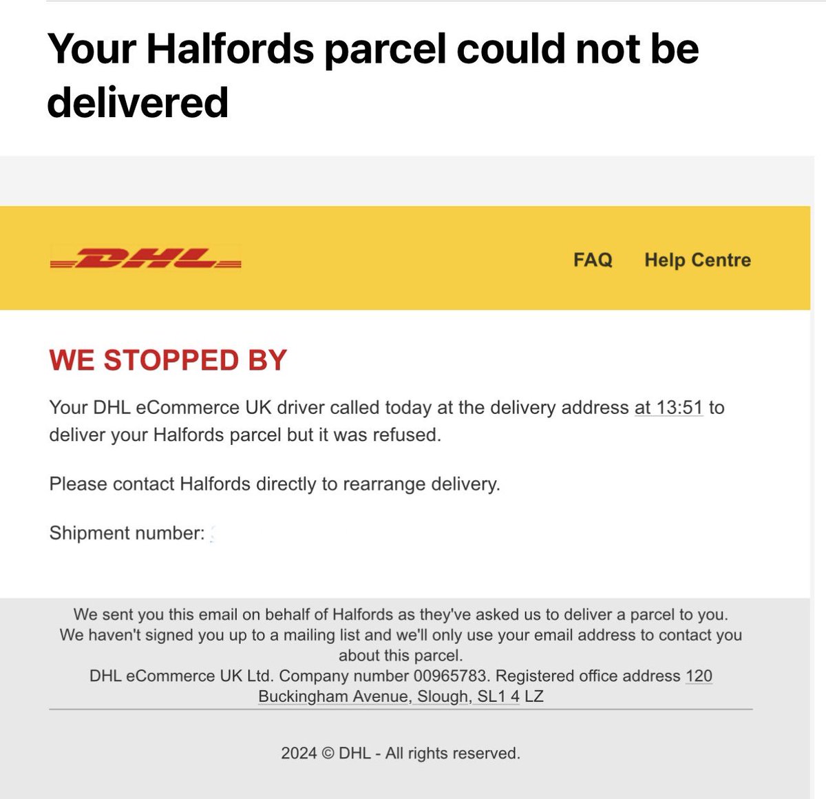 SarahOCognor's tweet photo. @dhlexpressuk joke of service. Got a message you will deliver between 14:11 and 15:11, yet you show up earlier &amp; refused to let the parcel behind the gate! I got all recorded via ring camera how your rude courier was. Want to raise a formal complaint ASAP https://t.co/HLw4iZfHtN