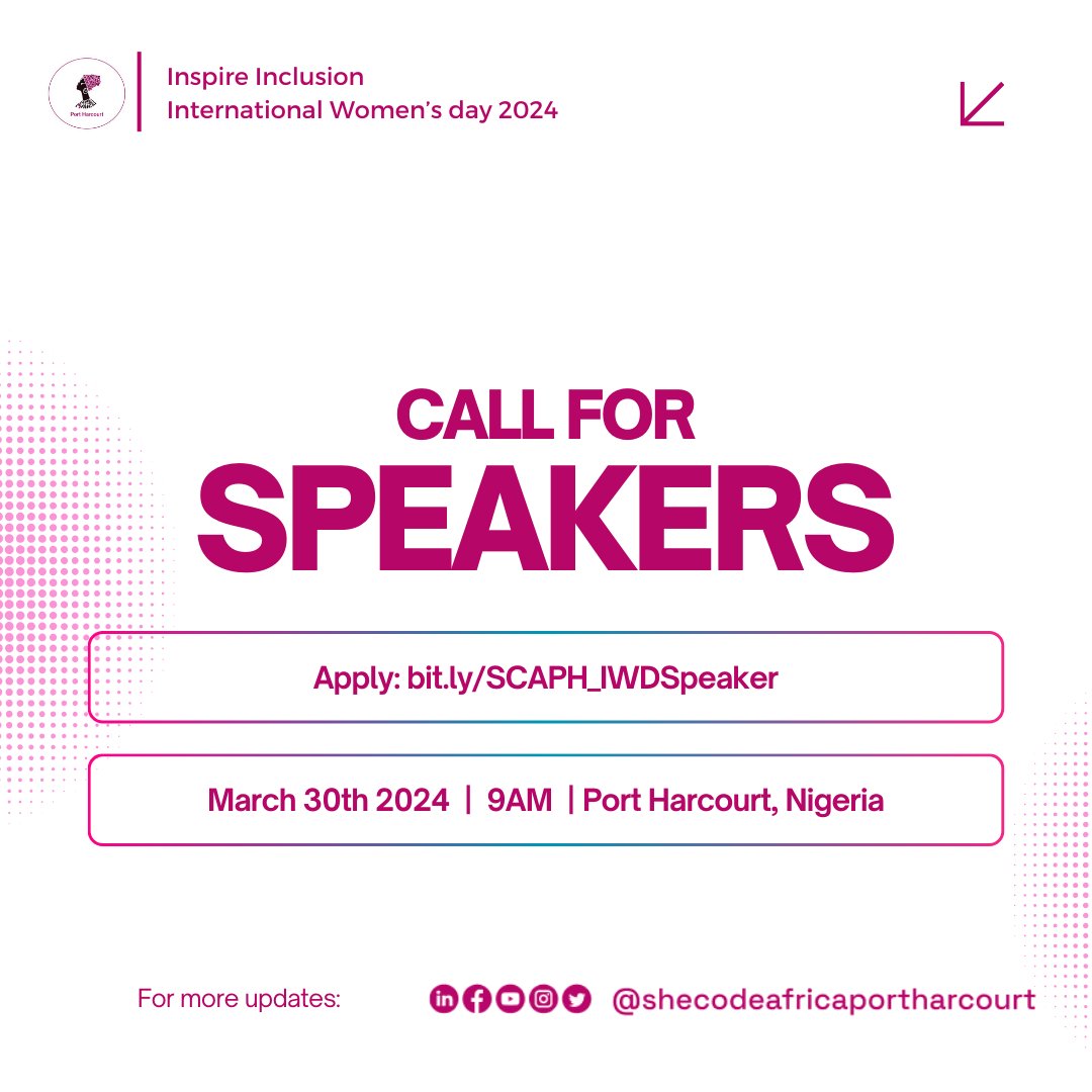 SCAportharcourt's tweet photo. SCA PH Call for speakers.

Share your expertise and knowledge at our event.

Apply Now to be a speaker https://t.co/P8qQseeOmJ

##InspireInclusion #SCAIWD2024. @shecodeafrica https://t.co/fNI0mn43vr