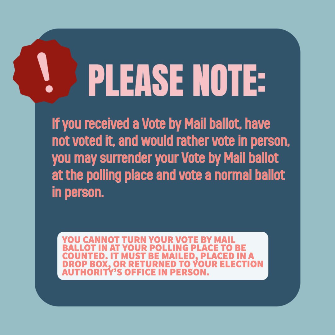 #VotebyMail ballot reminders: 1. If you received a VBM ballot but want to vote in person instead, you must give the UNVOTED ballot to election judges to receive a regular ballot. If not, you'll get a provisional ballot. 2. You can't turn in a VOTED VBM ballot at a polling place.