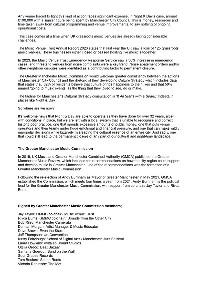 A prepared statement from myself and colleagues on @GMMusicCom on the outcome of the @nightanddaycafe and @ManCityCouncil Noise Abatement Notice case and where we are now. Huge thanks @showbody for putting this together, and my colleagues for counter-signing in solidarity.