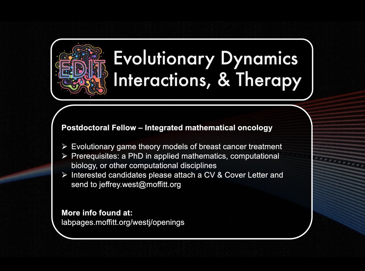 🚨Postdoctoral Fellow Job🚨 Eagerly accepting applications for a postdoc position in my group: labpages.moffitt.org/westj/openings/ Come join the dynamic and exciting research environment in the IMO (@mathonco) department & the #EDIT Lab!