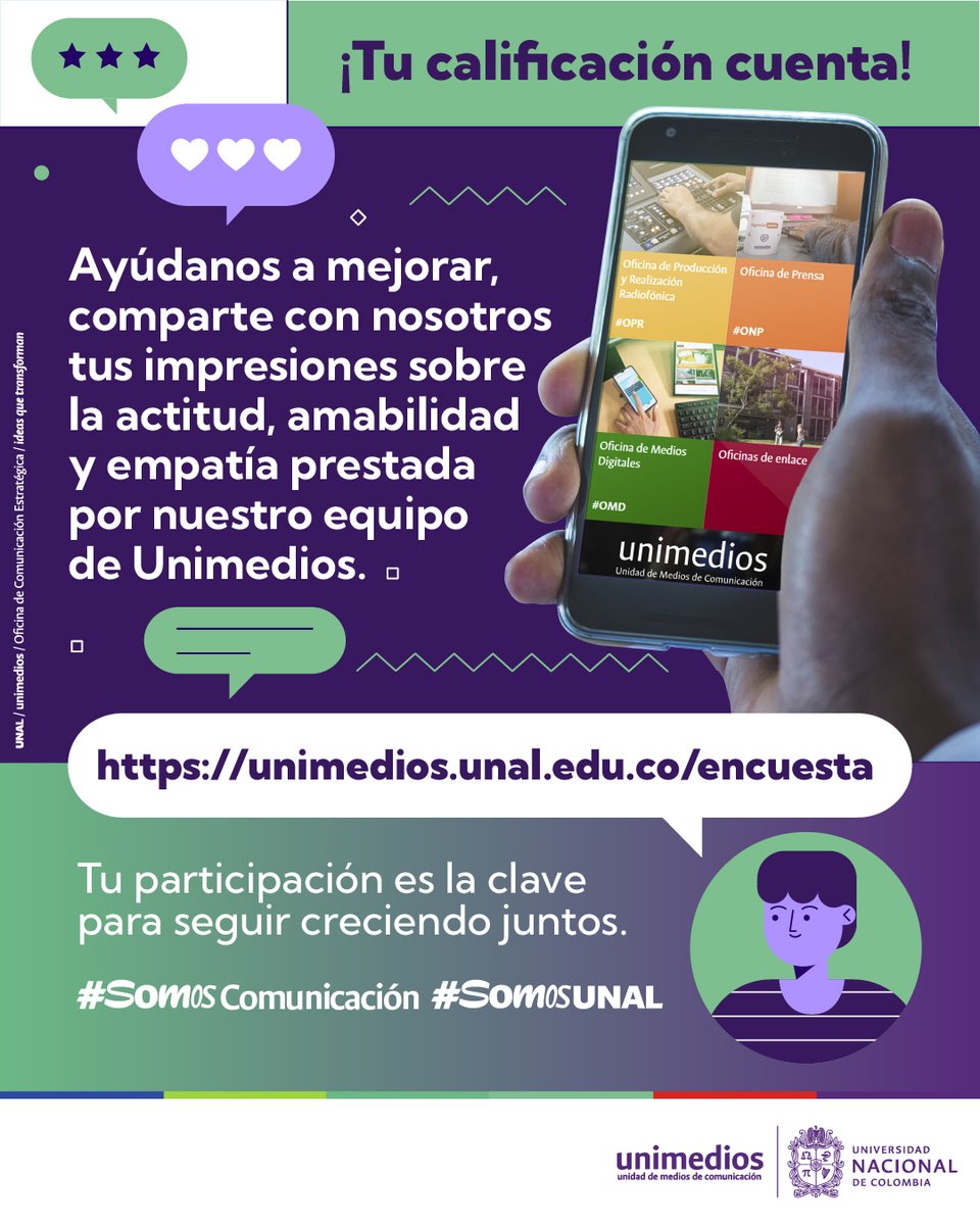 ¡Desde #Unimedios trabajamos para prestar el mejor servicio! Comparte con nosotros cuales son tus impresiones sobre nuestro servicio diligenciando esta encuesta bit.ly/3v6PoIk ¡Crezcamos juntos! #SomosUNAL