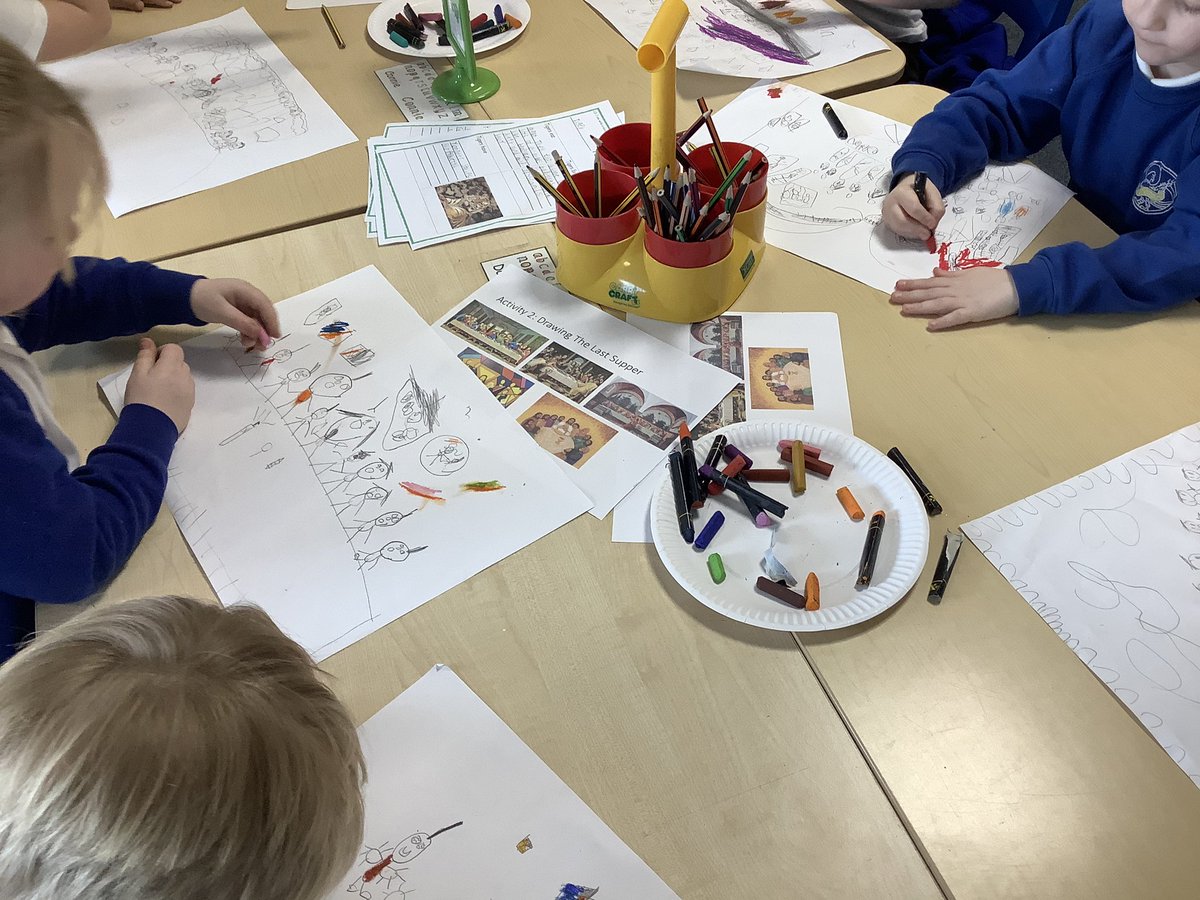 1B_stjohns's tweet photo. This afternoon, we have been working with oil pastels to create our own artwork of The Last Supper. We used some famous paintings to inspire us and have worked hard to draw and colour our own pictures 🖍 https://t.co/cGyaxezJS8