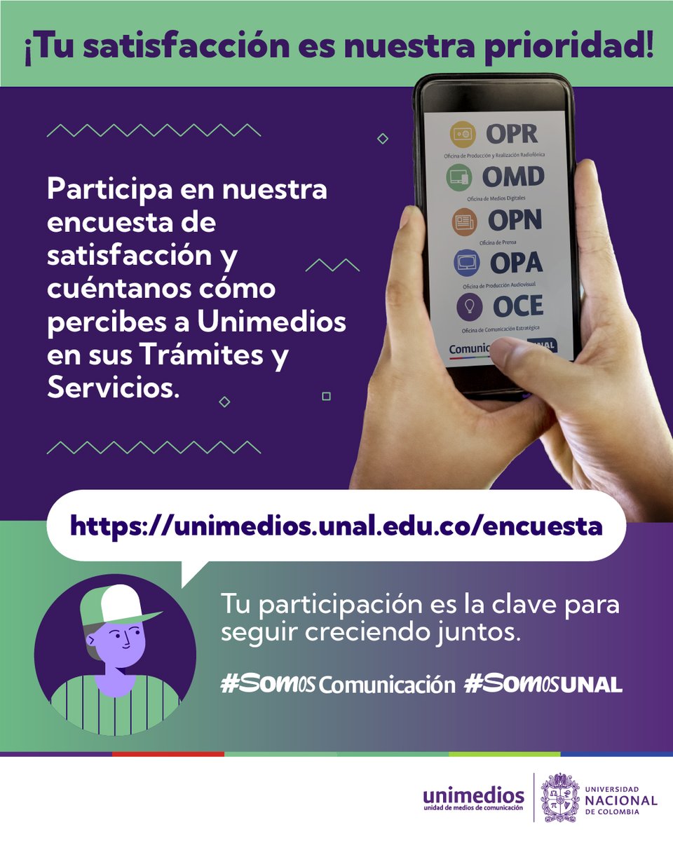 #ComunidadUNAL ¡Su opinión es fundamental para nuestros procesos de comunicación! Por eso es importante que nos apoyen diligenciando esta encuesta de #Unimedios y nos cuenten cómo perciben nuestros tramites y servicios bit.ly/3v6PoIk ¡Crezcamos juntos! #SomosUNAL