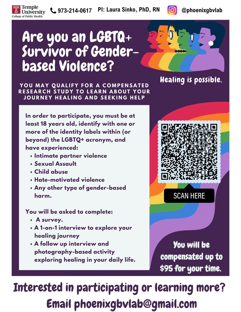 Hi! We are still recruiting for our study on healing for LGBTQ+ survivors of sexual assault, intimate partner violence, child abuse, and other forms of gender-based harm. We are particularly looking to chat with folks over 30. If you can share this, it would be much appreciated!