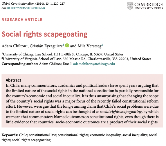 Around the world, social rights discourse distort debates on constitutional reform. In a paper published today, my collaborators Cristián Eyzaguirre (@ceyza91) and Mila Versteeg (@VersteegMila) use the recent Chilean experience to explain how that happens. Here's what we argue🧵
