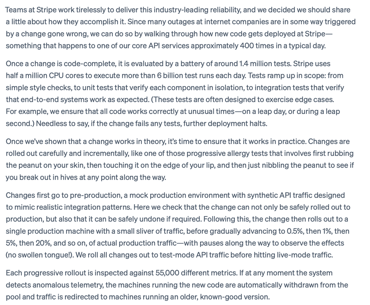 JackEllis's tweet image. TIL: Stripe deploys changes to it&apos;s core API services 400 times per day 🤯