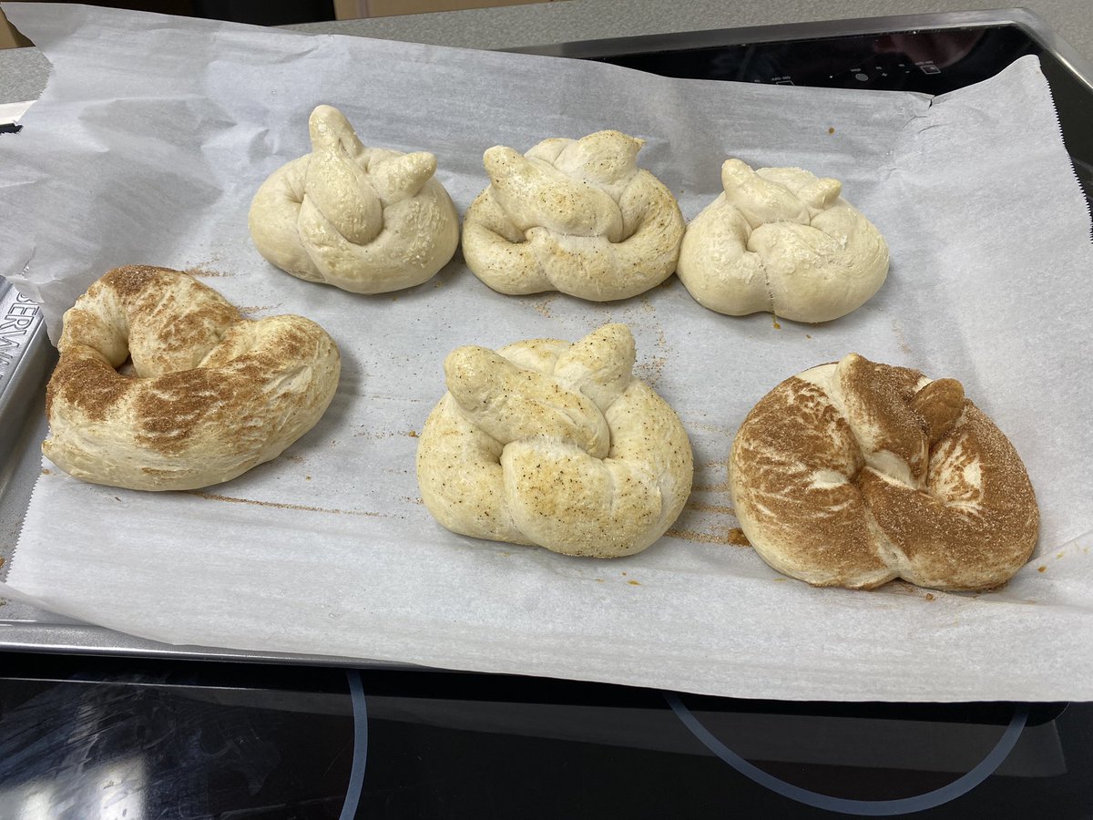 Yeast pretzels in the making! Intro to foods students learned about proofing yeast, kneading and creating fun pretzel shapes. #proofing #yummy #introtofoods #practicemakesperfect #beaneagle