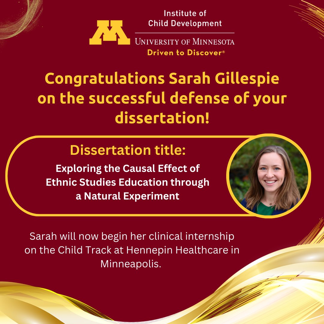 👏 ICD sends a huge congratulations to <a href="/SarahCGillespie/">Sarah Gillespie</a> on the successful defense of your dissertation! Next step: clinical internship at <a href="/HennepinHC/">Hennepin Healthcare</a> 
Read more about Sarah's dissertation project here: innovation.umn.edu/culture-and-fa… <a href="/Ferguson_Lab/">Culture and Family Life Lab</a>