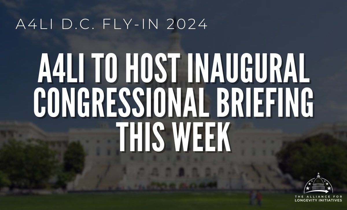theA4LI's tweet photo. The moment we’ve been waiting for is finally upon us: Our inaugural D.C. Fly-In event is happening THIS WEEK, from March 20-21, 2024!  This week’s event marks a significant milestone in our journey towards our goal of extending healthy human lifespan.  We're beyond excited to welcome all participants to this historic event as we unite to shape a future where we can all live better for longer. Stay tuned for more updates!