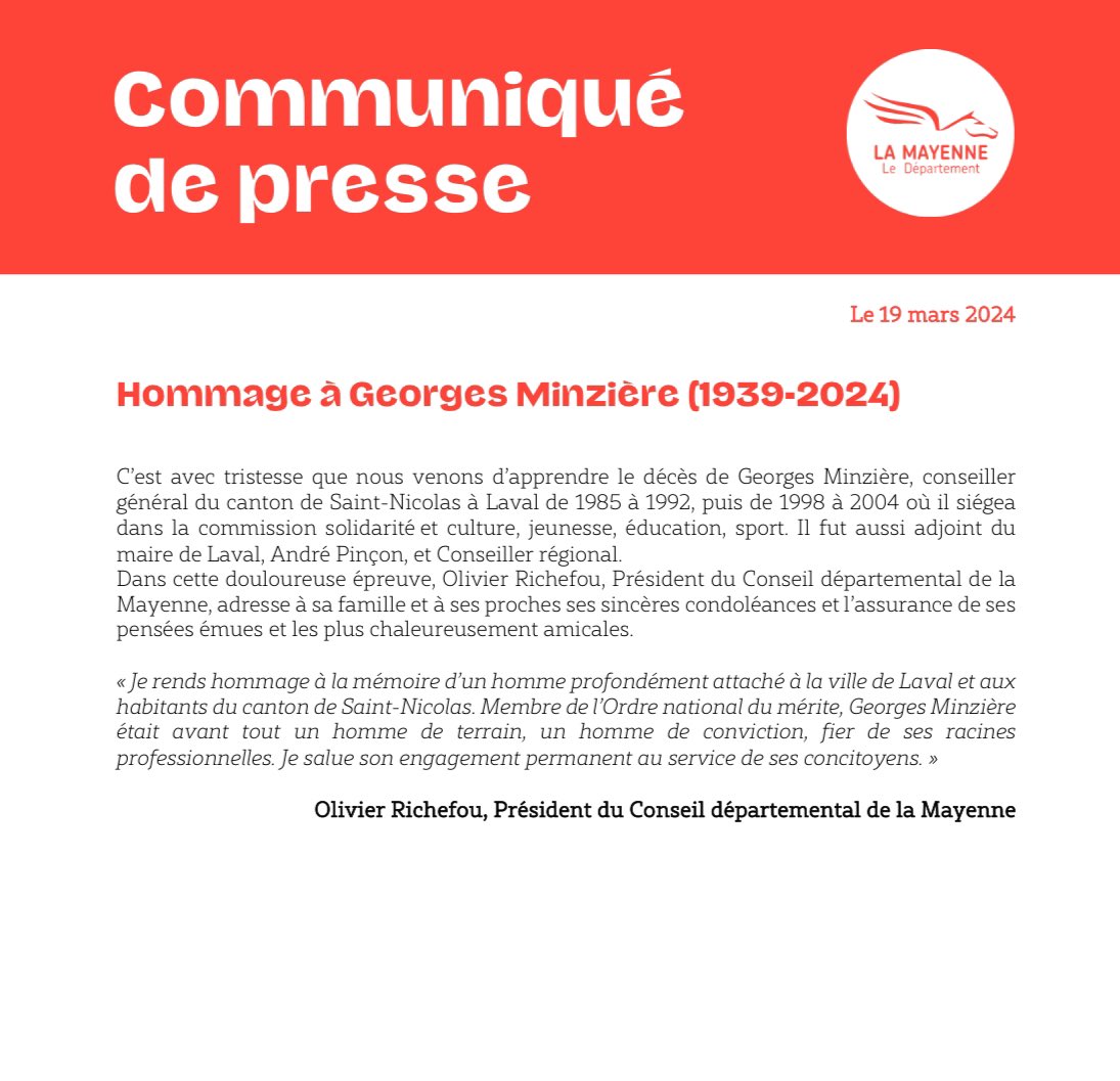 C’est avec émotion que j’ai appris le décès de Georges Minzière, ancien Conseilller général.
Je salue la mémoire d’un homme de terrain et de dialogue, toujours à l'écoute de ses concitoyens.
Pensées les plus amicales à sa famille et à ses proches.
