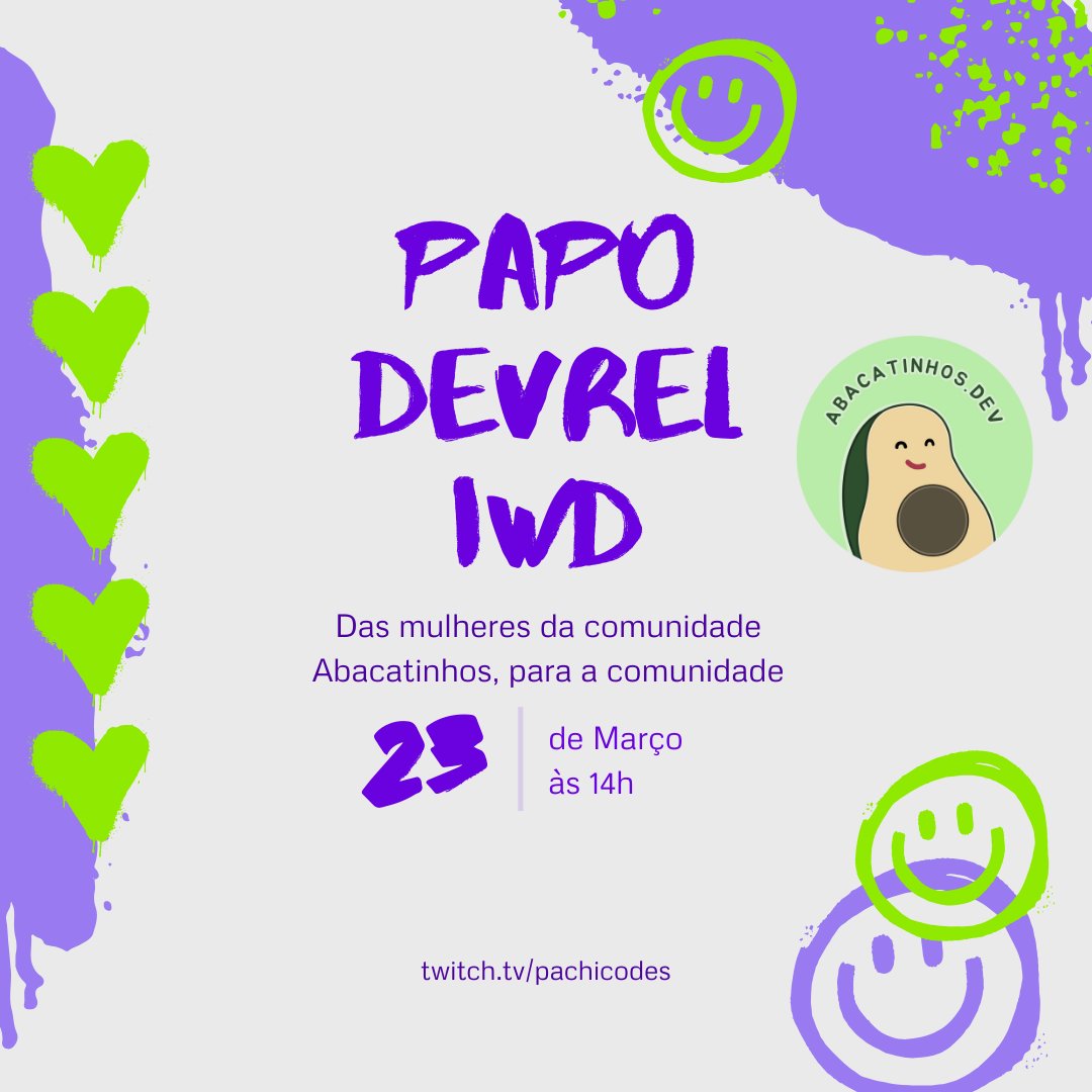 Sábado agora, dia 23 de Março, as 14hrs, eu e outras rainhas da comunidade DevRel BR vamos estar batendo um papo casual mas cheio de aprendizado sobre #DevRel

Já segue ai: twitch.tv/pachicodes
