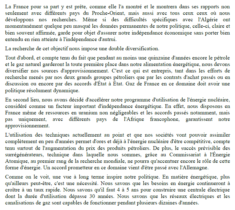 Le 12 mai 1971, pour les 25 ans de EDF-GDF, Georges Pompidou prononçait un discours sur la politique énergétique ; 2 extraits : - utilité et légitimité de EDF-GDF comme service public ; - diversification des sources de gaz et développement du nucléaire face aux prix du pétrole