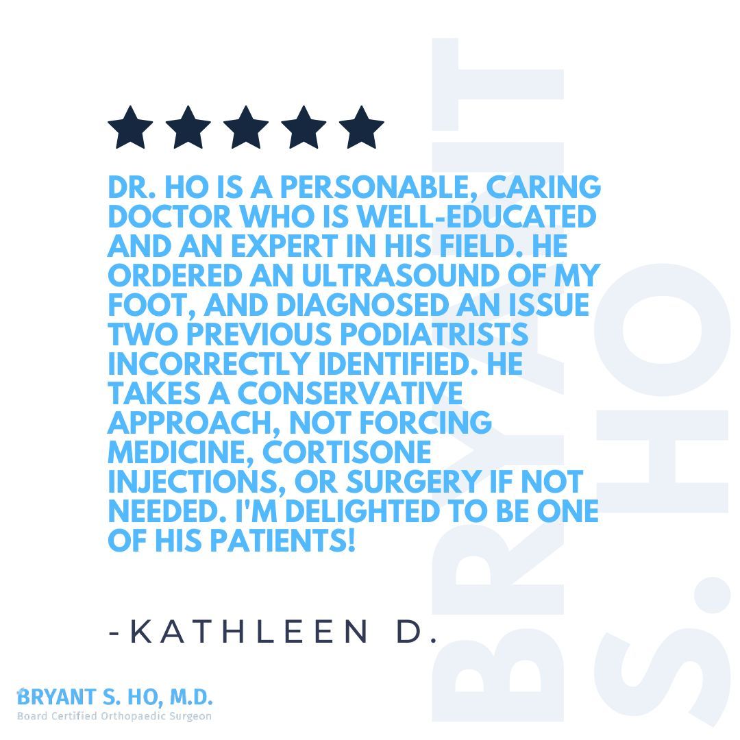 Kathleen, thank you for your nice review! #BryantHoMD #footandanklesurgeon #footandanklespecialist #patienttestimonial #testimonialtuesday