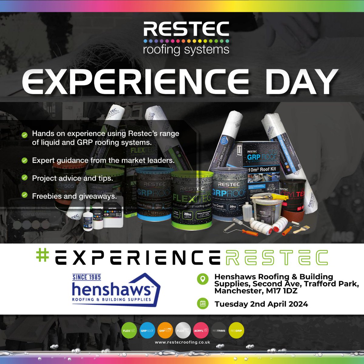 RestecRoofing's tweet photo. In 2 weeks our experts will be visiting Henshaw's Roofing and Building Supplies, Manchester, to demonstrate the best liquid roofing products on the market!π
Be sure to come along and see how you can upgrade your roofing game using Restec Roofing Systems!π·πΌπ§±π¨
#ExperienceRestec https://t.co/lbVDK6kjSo