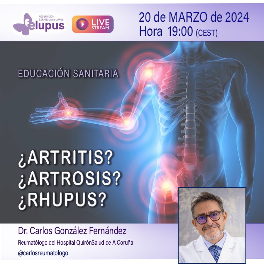 🚨MAÑANA Directo en INSTAGRAM❗️
🗓 20 de Marzo 
🕖 19:00 
Perfiles:@carlosreumatologo <a href="/felupus/">Federación Española Lupus | #CONGRESOLUPUS25</a> 

"EDUCACIÓN SANITARIA"  ARTRITIS, ARTROSIS (Diferencias) y RHUPUS 

Te suena esto de RHUPUS❓️ Si tienes LUPUS te interesa y mucho 😉
Esperamos tus preguntas en centarios ⬇️