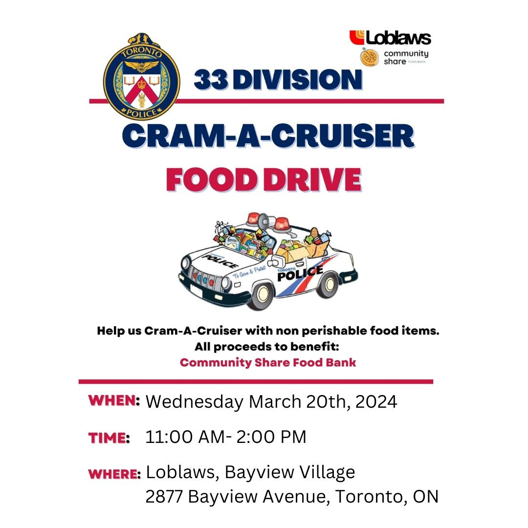 Tomorrow! We will be at Loblaws, located at Bayview Village, for a Cram-A-Cruiser food drive. Come on out and help us ease local food shortages in our communities.