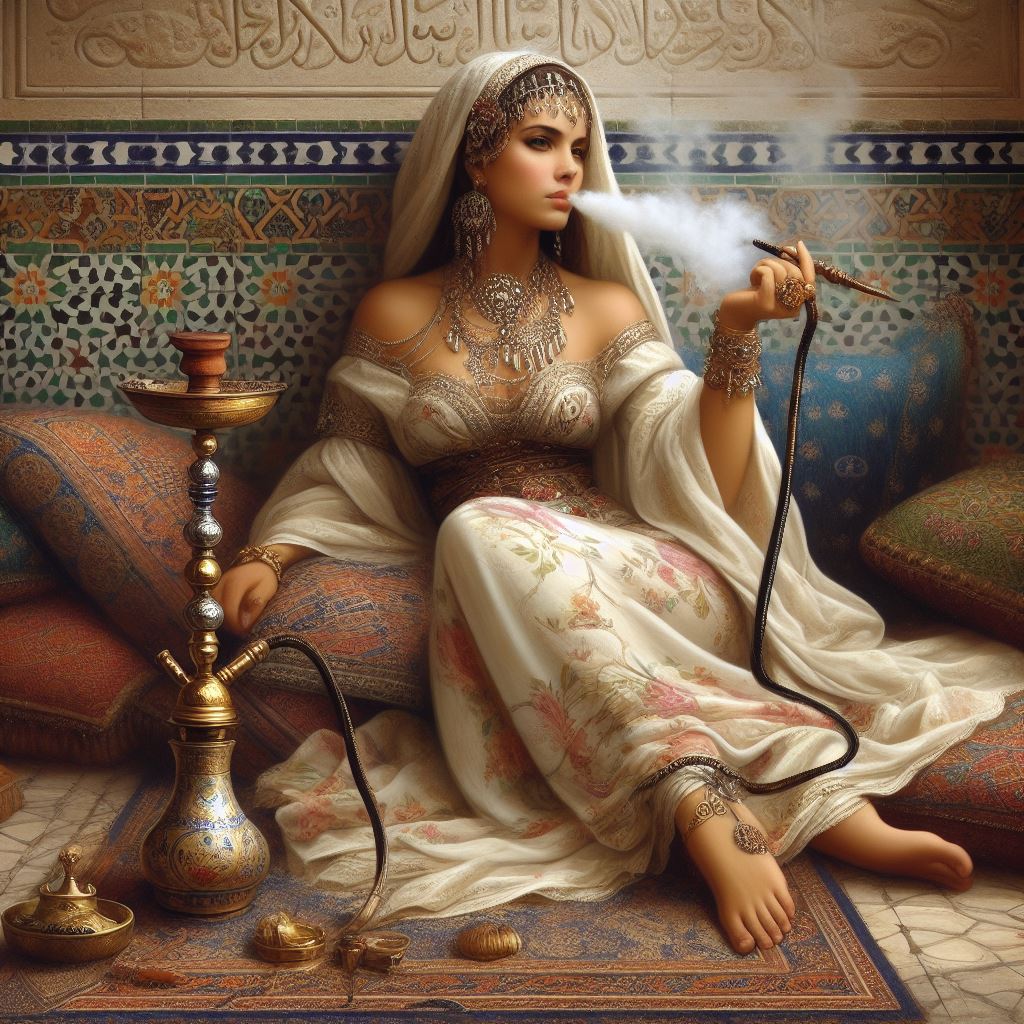 HatemSherbieny's tweet photo. "Odalisque" Cairo at 16th century, Mamluk era, (aesthetic inspired by Eugène Delacroix, oil paintings).

#odalisque #orientalists #digitalart #leonardoai #bing #dalle3 #AIart #ArtistOnTwitter #AIArtGallery #AiArtSociety #AIArtwork #aiartist #AICommunity #Digitelillustration https://t.co/GqjaSpiiyE