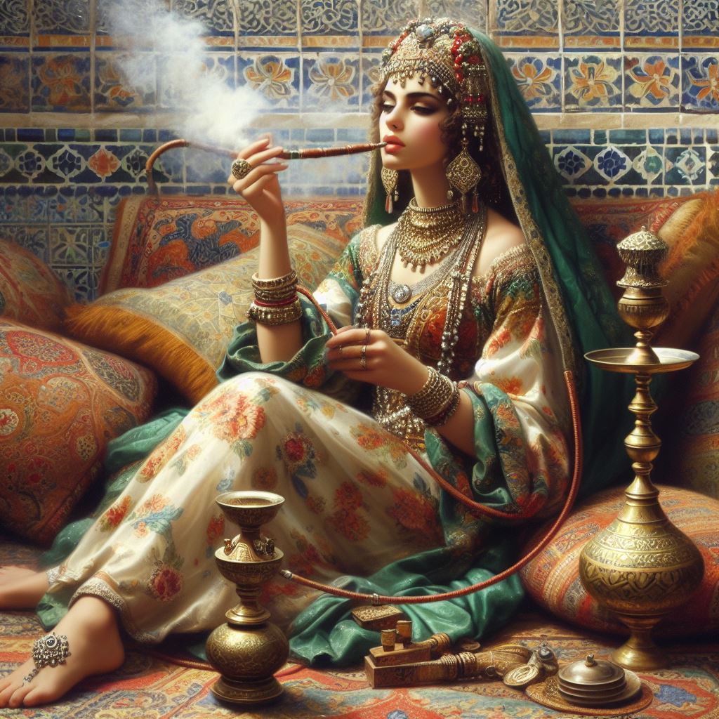 HatemSherbieny's tweet photo. "Odalisque" Cairo at 16th century, Mamluk era, (aesthetic inspired by Eugène Delacroix, oil paintings).

#odalisque #orientalists #digitalart #leonardoai #bing #dalle3 #AIart #ArtistOnTwitter #AIArtGallery #AiArtSociety #AIArtwork #aiartist #AICommunity #Digitelillustration https://t.co/GqjaSpiiyE