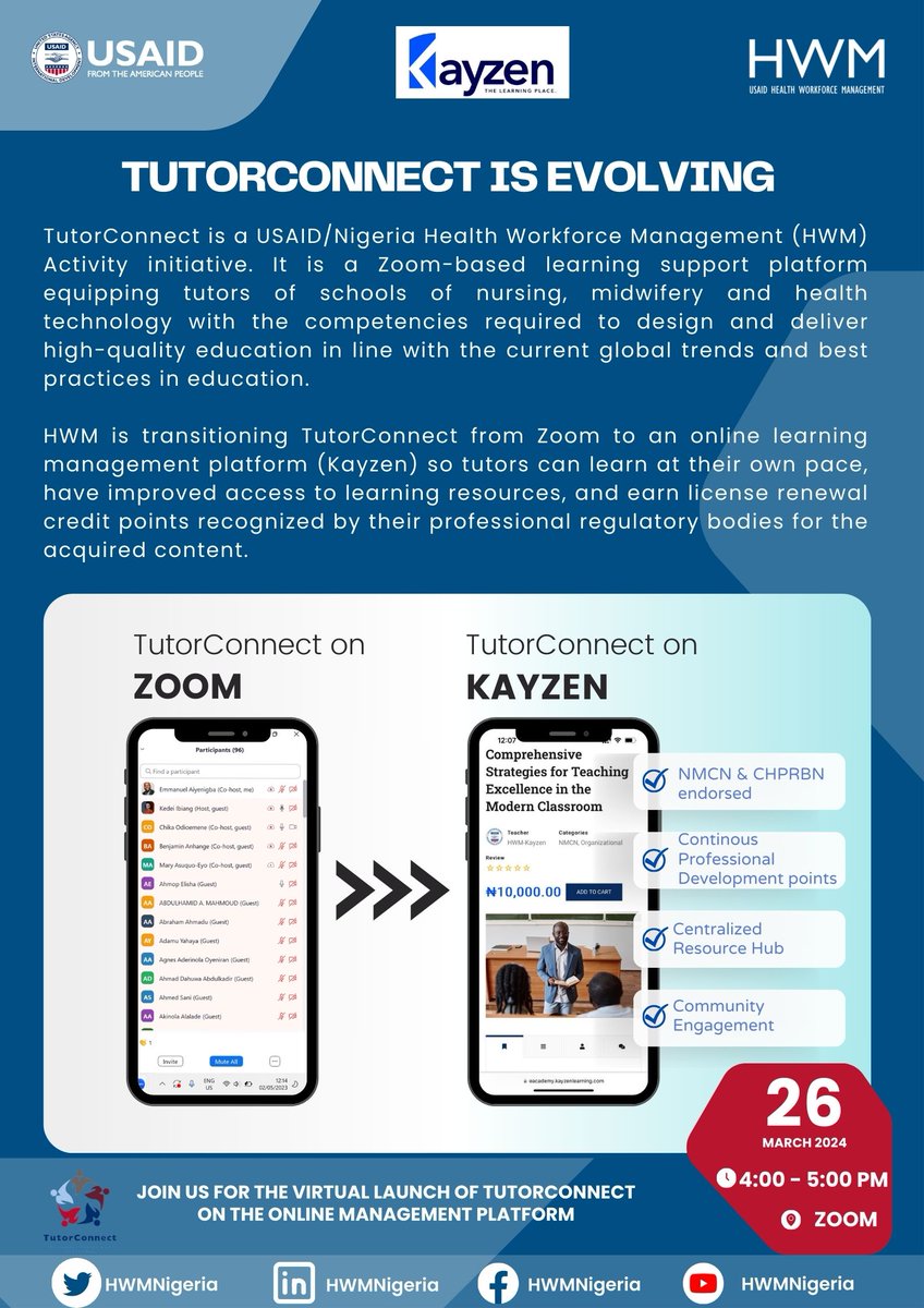 🚀 Exciting News! TutorConnect is Evolving! 🌟 Join us on March 26th, 4-5 PM (Abuja time), as we unveil TutorConnect's transition to an online learning management platform (Kayzen). Say goodbye to Zoom and hello to Kayzen! 🎓 #TutorConnect #EducationEvolution #USAID #HWM