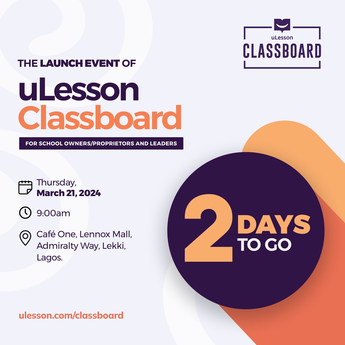 ulessonapp's tweet photo. We are still buzzing with energy from #Yaba today as we eagerly anticipate the #Classboard launch in #Lekki on Thursday!🤩🥳🎉
If you missed out on today's Launch, make sure you are part of the Launch at Lekki!✨
Set your alarms now. We can't wait to see you!💜
#uLesson #uLessonClassboardLaunch #uLessonClassboard #Education #SchoolLeaders #EducationRevolution #Launch #Lagos #Lekki