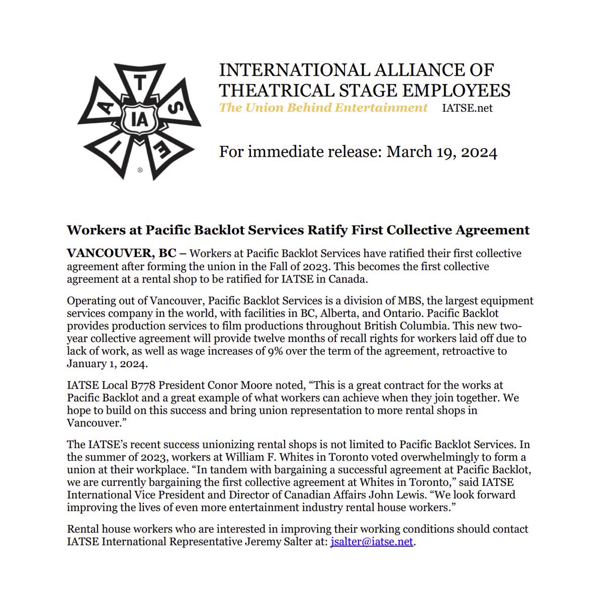 Workers at Pacific Backlot Services have ratified their first collective agreement! This is the first agreement at a rental shop to be ratified for IATSE in Canada. Congratulations!! Communique here: shorturl.at/jzDT1