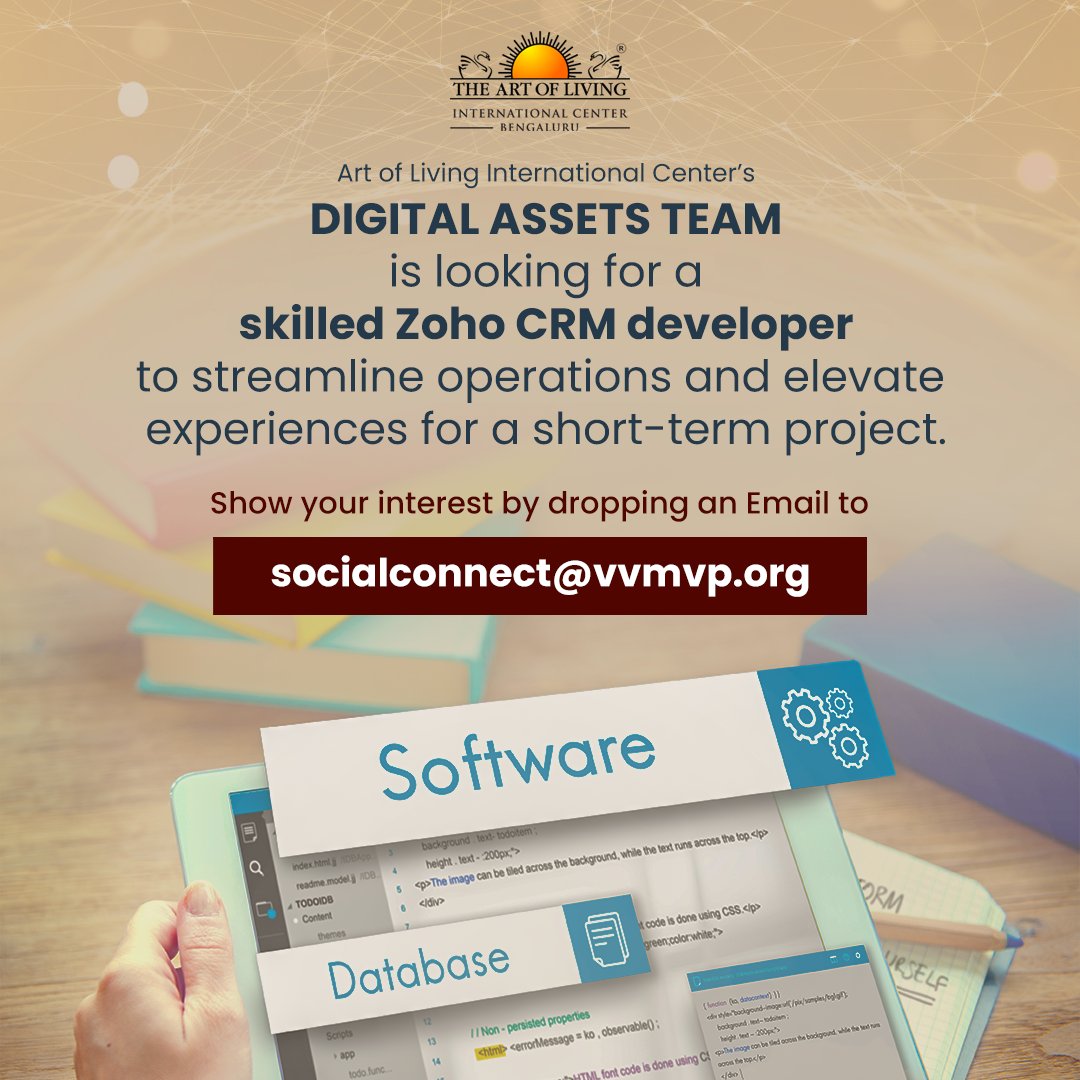 Art of Living International Center's Digital Assets team is looking for a skilled Zoho CRM developer to streamline operations and elevate experiences for a short-term project. Join us in shaping the future of streamlined operations, right from the comfort of your home. Express