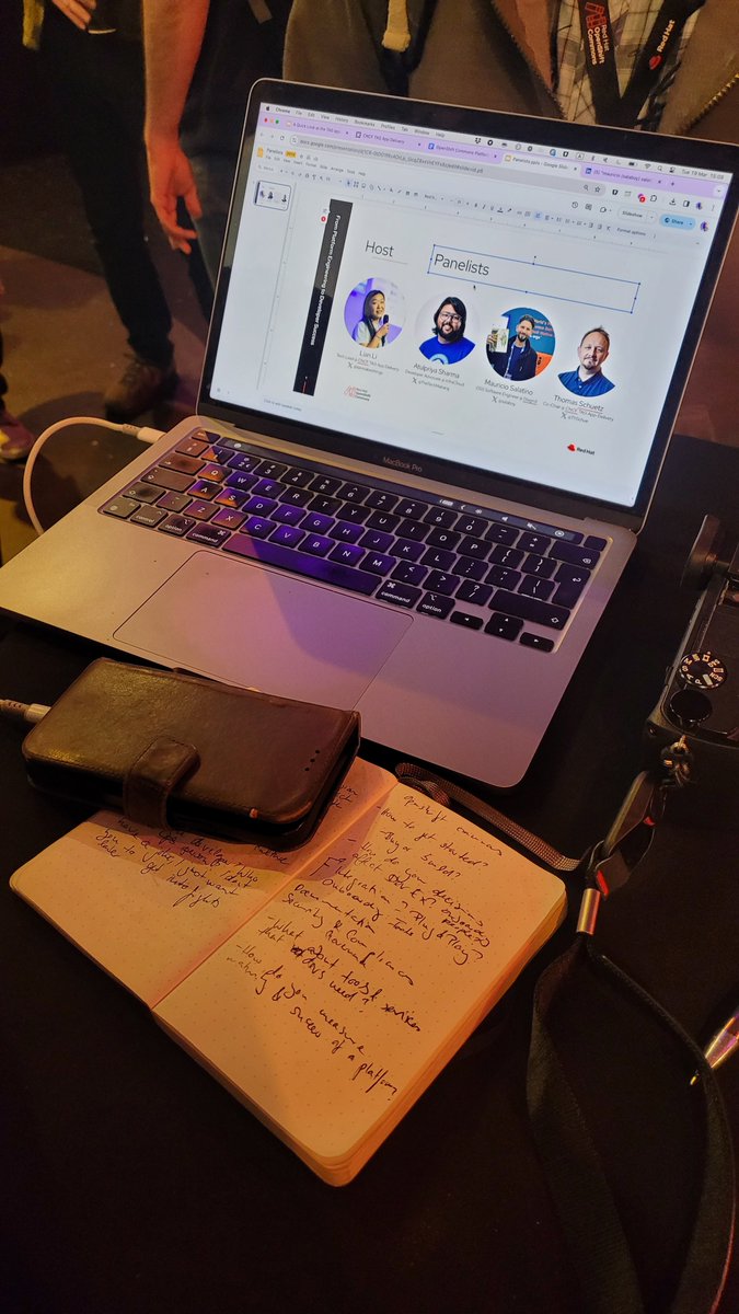 Gearing up for our #PlatformEngineering panel discussion at @openshiftcommon with some final touches - @lianmakesthings @ThSchue @salaboy We're starting soon, so come over and grab your seats! #KubeConEU