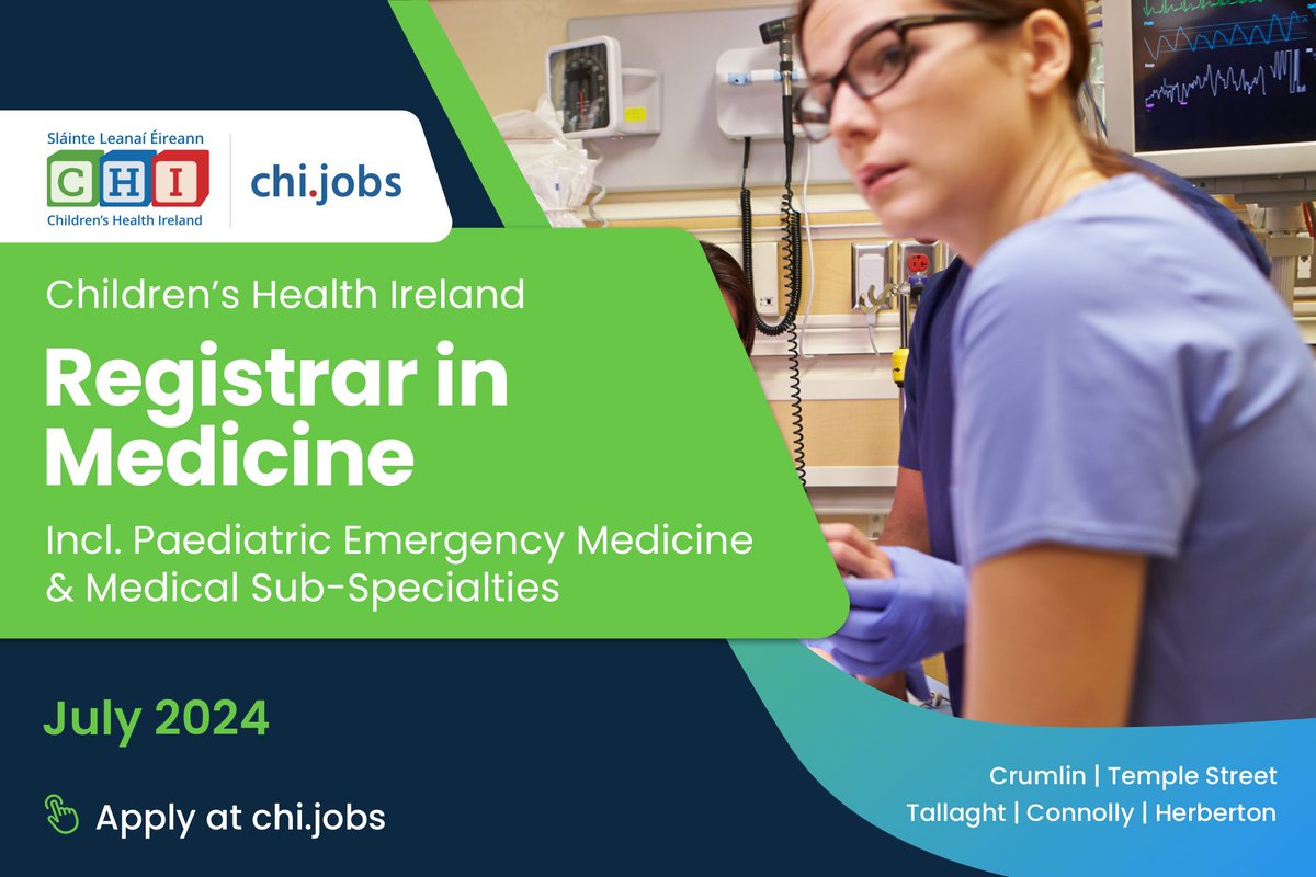 Children's Health Ireland are inviting applications for the post of Registrar in Medicine (Incl. Paediatric Emergency Medicine & Medical Sub-Specialties) commencing Monday, 8th July 2024. Learn more and apply at: ow.ly/uIQF50QWIoo