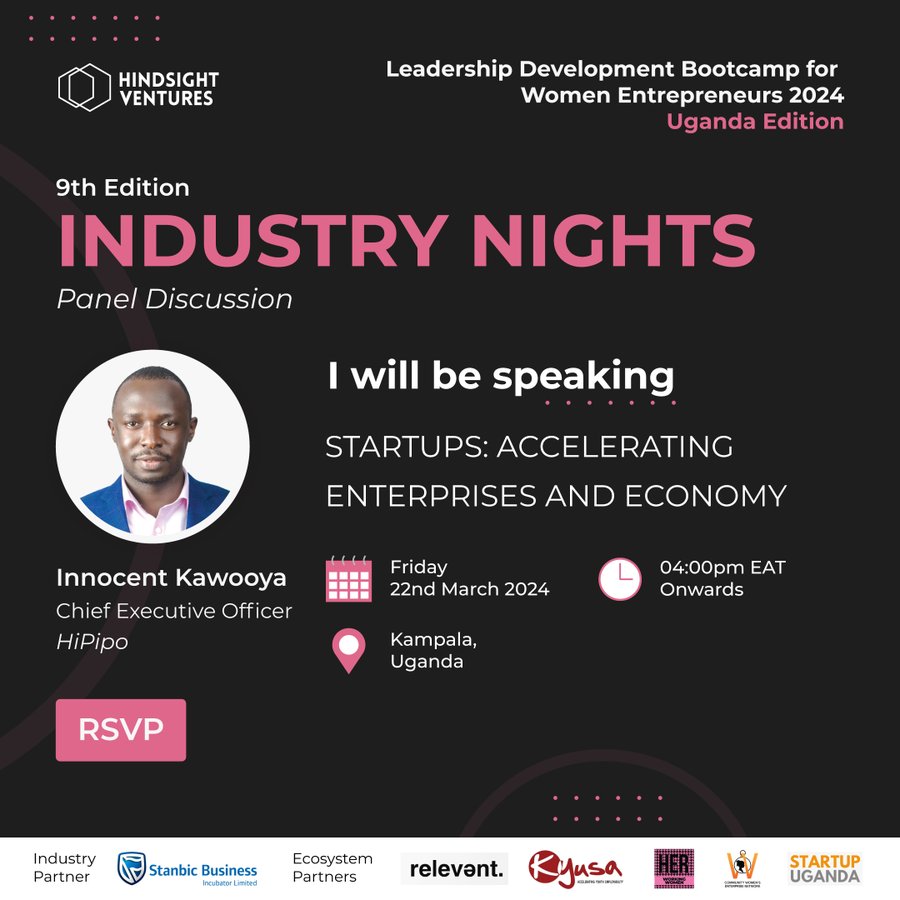 Join our CEO, @KawooyaInnocent, this Friday, March 22nd, for a panel discussion on 'Startups: Accelerating Enterprises and Economy' at the 9th edition of Industry Nights, hosted by @HSV_Africa in collaboration with @SBIncubatorUG. RSVP: docs.google.com/forms/d/e/1FAI…