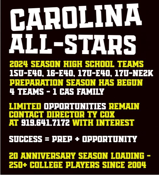 Carolina All-Stars 20th Anniversary Season Loading… 2️⃣5️⃣0️⃣+ College Players Since 2004 2024 Teams 15U-E40, 16U-E40 17U-E40, 17U-NE2K 4 HS Teams - 1 CAS Family 3 MS Teams (5th-8th Grade) Success = Prep + Opportunity Limited Opportunities contact Director Ty Cox 919.641.7172