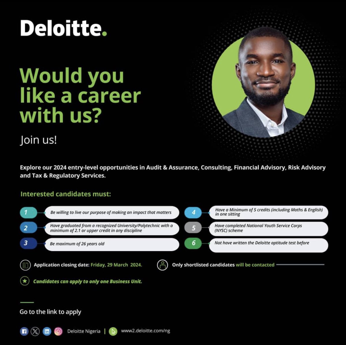 SirJarus's tweet photo. PwC and Deloitte are currently recruiting graduates.

You don’t need to know anybody to get in once you have their requirements and can pass their tests and interviews. 

Each of these will pay minimum of N350k to graduates. 

And in few years time, such folks  will be netting millions. 

Compete!