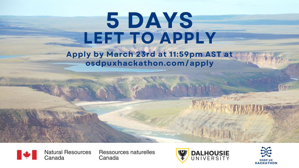 OSDPUXHackathon's tweet image. Only 5 days left to apply for the Open Science Data Platform UX Hackathon! No experience needed, just your ideas for improving the user experience of the OSDP platform. 

Apply at osdpuxhackathon.com/apply for a chance to win up to $2,500 in prizes. @NRCan