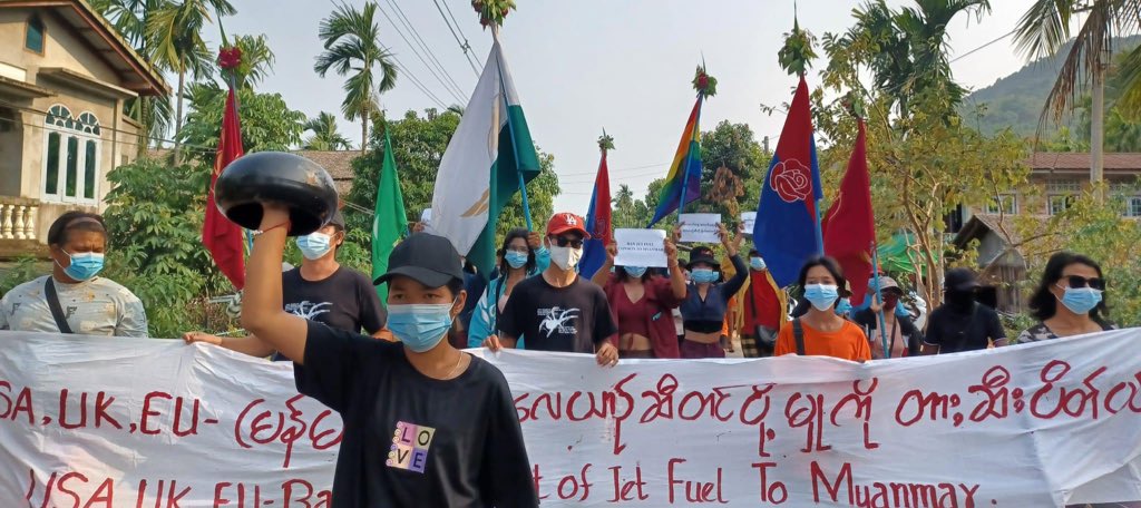 Democracy Movement Strike Committee-Dawei , Student Union, LGBT Community & residents from #LaungLone Twp, #Dawei , staged a strike and called @GOVUK @USTreasury @UKParliament @HumanRightsCtte to #BanJetFuelExportsToMM on Mar19.
 
#2024Mar19Coup      
#WhatsHappeningInMyanmar